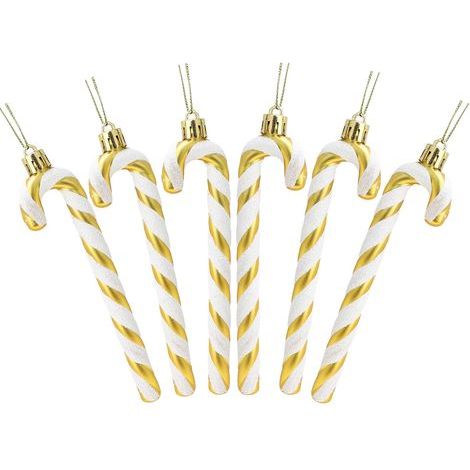 6er-Packung 13 cm große, glitzernde Zuckerstangen-Weihnachtsbaumdekorationen (Gold und Weiß) (1/4)