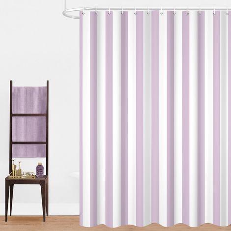 Rideau de Douche, 165x180cm, Violet Clair Minimalisme Moderne Rayures Verticales Art de Luxe Tissu Pmperméable Machine Lavable Rideau de Salle de Bain avec Crochets (1/5)