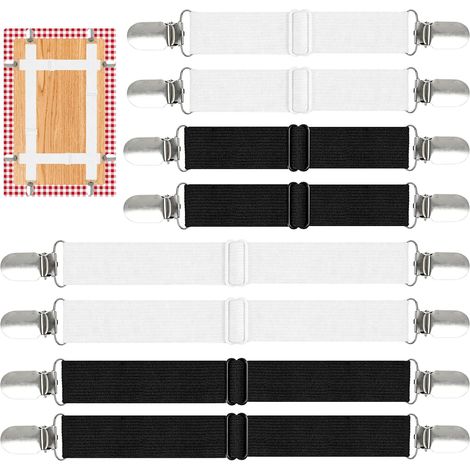 adjustable and stretchable tablecloth clips – Discreet outdoor tablecloth fasteners – Ideal for securing sheets, tablecloths, blankets, and mattresses – Durable materials – White and black (1/5)