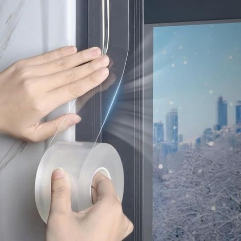 Nastro di protezione contro le correnti d'aria per finestre, 5 cm x 10 m, trasparente, impermeabile, isolante, striscia sigillante per bloccare vento, aria fredda e polvere, senza lasciare residui. (1/5)