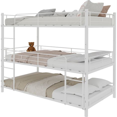 Cadre de lit superposé moderne 3 niveaux, 90x190 cm, avec échelle intégrée, garde-corps complets et base antidérapante. Convient aux chambres d'enfants, adolescents et adultes. (1/5)