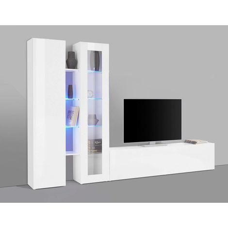 Parete Attrezzata Moderna per Soggiorno 280x30x180cm - ECHO - Colore: bianco laccato lucido