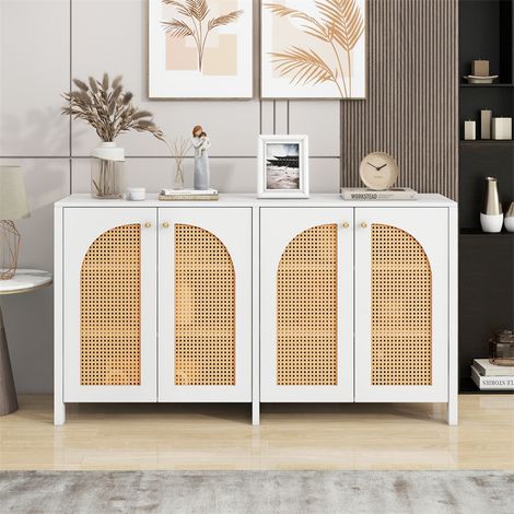 Buffet avec 4 portes en rotin 145x80x40cm - style minimaliste - poignée en métal - pour salle à manger, salon, cuisine - blanc (1/5)