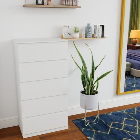 Moderne Holzkommode, vielseitiges Aufbewahrungsmöbel für Schlafzimmer, Wohnzimmer und Flur, Weiß, 5 Schubladen, 60x40x120 cm