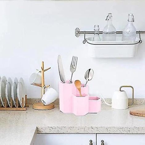 Pot à stylos rose en plastique rigide – Organisateur de bureau 4 compartiments pour stylos, pinceaux maquillage et fournitures créatives