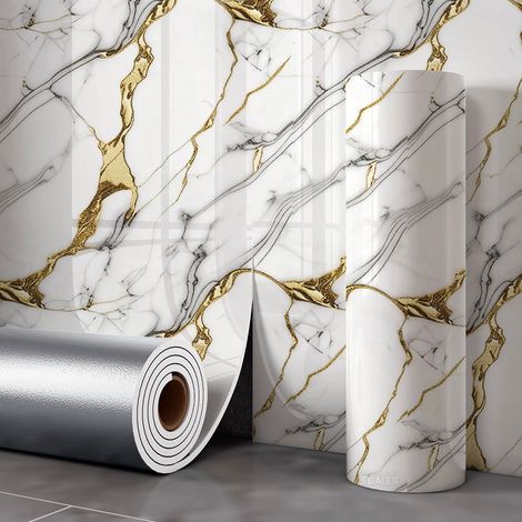 JSSEVN - Rollo de papel pintado autoadhesivo imitación mármol, 2,0 mm de grosor, resistente al aceite, impermeable, con diseño de nubes doradas tejidas. (1/5)