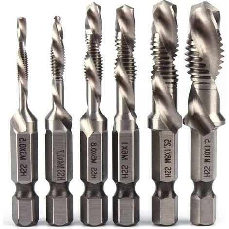 Juego de brocas para roscar, juego de machos de roscar métricos M3 M4 M5 M6 M8 M10 HSS con revestimiento de titanio, broca y macho de roscar de 1/4". (1/5)