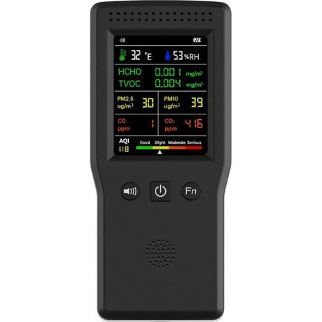 Monitor per la qualità dell'aria Ulisem 9 in 1: CO2, CO2, PM2.5, HCHO, TVOC, temperatura, umidità, qualità dell'aria domestica, display LCD - Nero