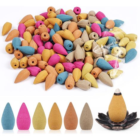 Cônes d'Encens à Reflux, 120 Pcs Cônes Encens Naturel avec 1 Porte-Encens, 6 Parfums Naturels Dont Rose, Jasmin, Océan, Bois de Santal et Plus Encore, Parfaits pour Méditation, Yoga, Détente (1/5)