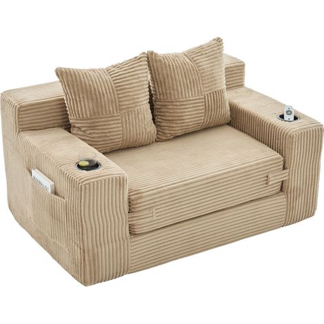 Sofá cama de 2 plazas de pana beige con 2 cojines y portavasos, con bolsillos laterales (1/5)