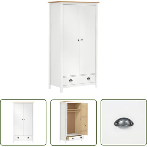 The Living Store Garde-robe à 2 portes Hill Blanc 89x50x170cm Bois de pin solide - Garderobe - Armoire - Meuble De Rangement - Dressing - Commode (1/5)