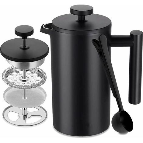 Cafetière à Piston INOX, Français Presse Café Isolation à Double Paroi de 1 L, Paroi intérieure avec Cautèle, avec 5 Filtres à Café et Cuillère Doseuse, 7-8 Tasses, Noir Mat, Café, Thé (1/4)