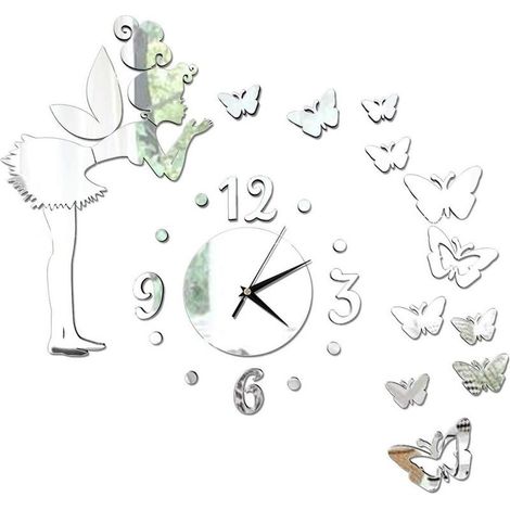 Without Frame Clock Wall-mounted, Creative Clock Wall-mounted, 3D Sticker Wall-mounted, Stickers Brackets DIY, Papillon Mirror Stickers, Decoration Mirror Acrylic, Decoration Mode (Silver)- (1/4)