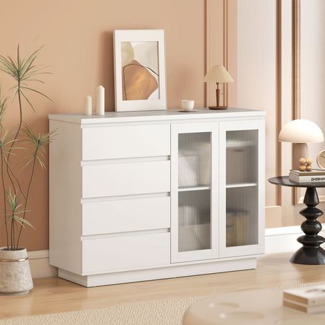 Buffet, meuble de rangement avec 4 tiroirs et 2 portes vitrées, design moderne, MDF, blanc
