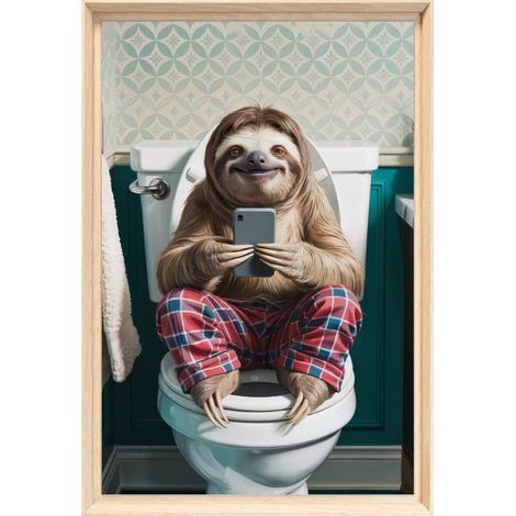 Tableau mural encadré paresseux aux toilettes 40x60 cm - Tableau Mural Décoratif - Image Encadrée Imprimée en HD - Impression 40x60 cm sur Fibres de Bois FSC - Finition Mate - Fabriqué en France (1/5)