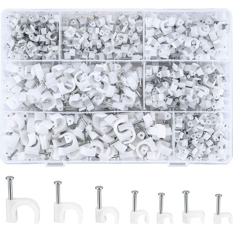 700 Pièces Attache-câble Ronde avec Clou en Acier, Clips Câble Ronds, Cavalier Cable Electrique Blanc pour Fixation de Câble de Bureau Domicile, 4 mm/5 mm/6 mm/8 mm/10 mm (1/5)
