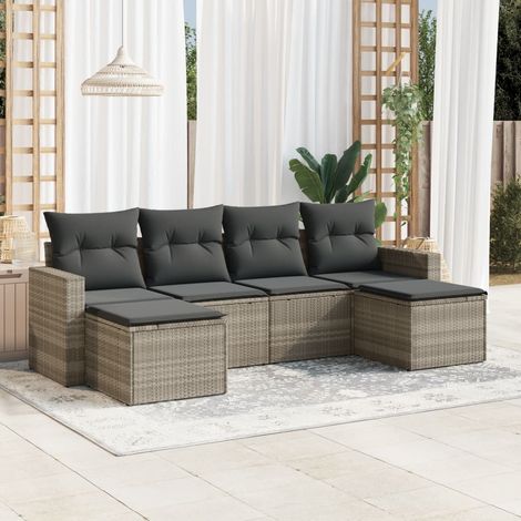 Set de sofás de jardín 6 pzas y cojines ratán sintético gris