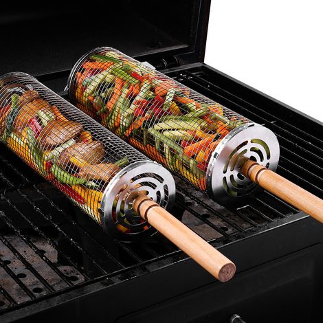 Panier à barbecue à roulettes, poignée en bois amovible, en acier inoxydable 304, outils de barbecue empilables, accessoires de cuisine et de barbecue en extérieur.-AquaForge