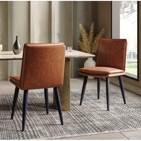 Juego de 2 sillas de comedor de PU marrón, asiento acolchado de doble capa, patas metálicas (1/5)