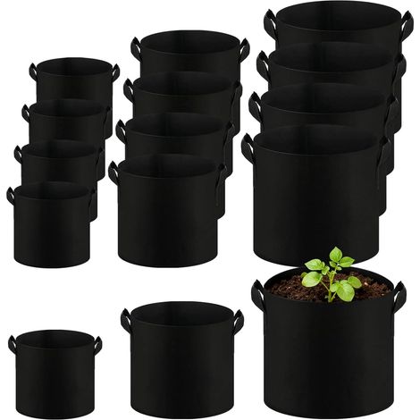 Lot de 15 pots en tissu de 11 l, 18 l, 27 l - Sac de plantation en tissu non tissé - Noir - Pour tomates, pommes de terre, légumes, fleurs (1/5)