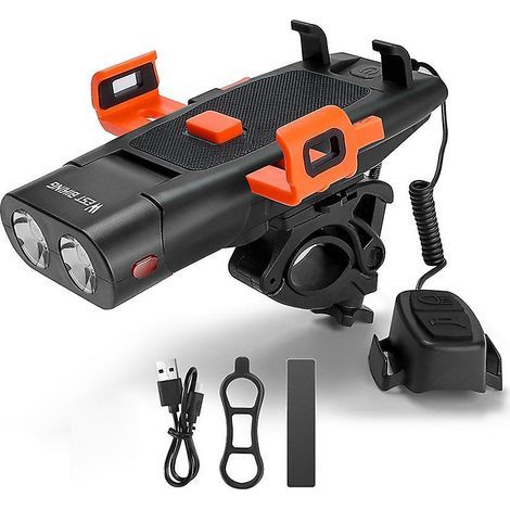 5-en-1 Lampe LED de Vélo avec Support, Klaxon, Porte-téléphone, Sonnette d'Avertissement et Batterie externe pour VTT (1/5)