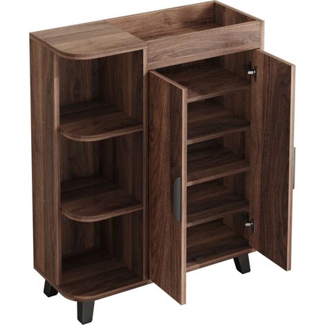 Meuble à chaussures étroit aspect bois 80x32x99 cm avec 2 portes, niches ouvertes et tablette supérieure pour entrée ou petits espaces (1/5)