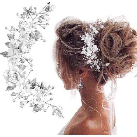 Wedding Leaves Hair Vines, Silver Hairstyle Flowers Rhinestones Wedding Flowers Hair Vine Hair Clip Rhinestone Flower Headband Bridal Pearl Headband for Weddings Birthday (1/5)