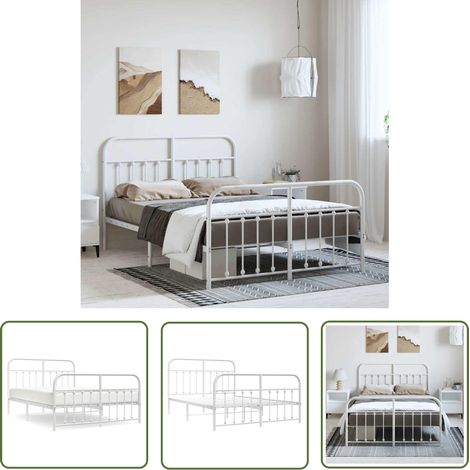 The Living Store Cadre de lit métal sans matelas et pied de lit blanc 150x200 cm - Cadre De Lit - Lit Double - Lit Metal - Lit Blanc - Meuble Chambre (1/5)