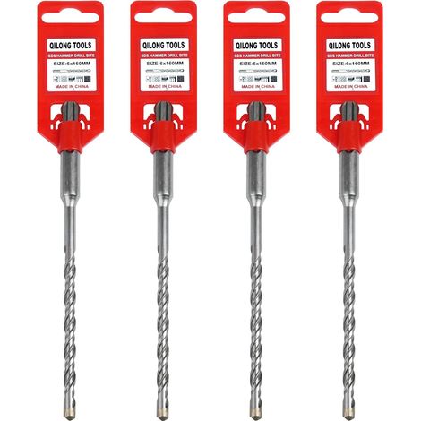 Lot de 4 Foret Béton SDS Plus 6 x 160 mm – Rouge pour identification – Pointe Carbure – Pour Brique, Béton, Pierre, Parpaing – Foret SDS Plus (1/5)