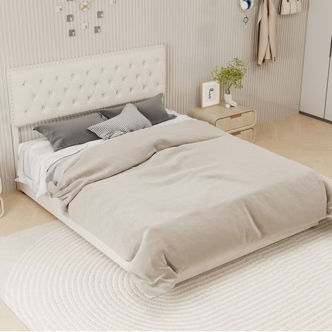 Lit coffre en tissu beige 160x200 cm, cadre métal, tête de lit haute, sommier à lattes, sans matelas (1/5)