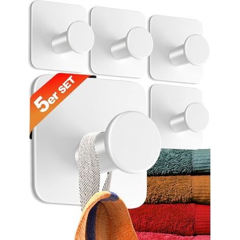 accroche-serviette porte-serviette sans perçage set de 5 - Crochets serviette salle de bain modernes blanc - Crochet adhésif mural en inox (1/5)