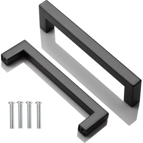 2pcs Poignee de Meuble Cuisine Noir, Acier Inox Poignées Meubles Carrée Entraxe 128 mm, pour Commode Salle de Bain, Tiroirs, Armoires, Placard, avec des vis (1/5)