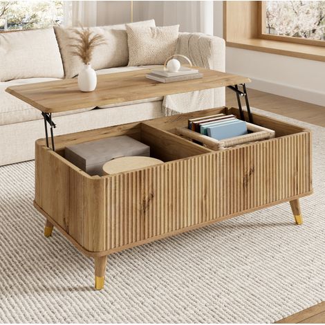 Mesa de centro elevable 97x52x56,5 cm MDF/madera natural con almacenaje FloraGrace (1/5)