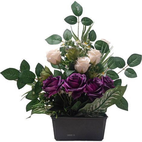 Grande Jardinière de fleurs artificielles Roses pour le cimetière H 50 cm Lg 47 cm Pourpre - couleur: Pourpre