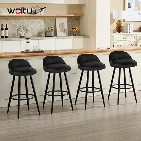 WOLTU 4x Barhocker, Barstuhl Hocker Tresenhocker Bistrohocker Designer Hocker mit Rückenlehne und Fußstütze aus Samt & Metall, Schwarz
