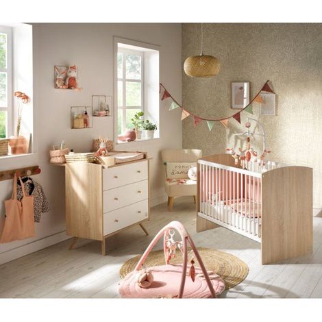 Chambre bébé duo - Lit 120 x 60 cm + Commode 3 tiroirs - Access - Bois chene doré/Blanc - SAUTHON (1/3)