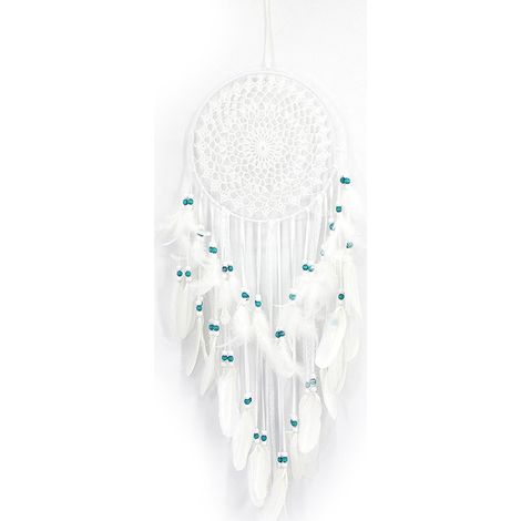 1 Attrape-rêves bohème, plumes blanches, perles bleues, macramé, décoration murale, chambre, salon (1/5)