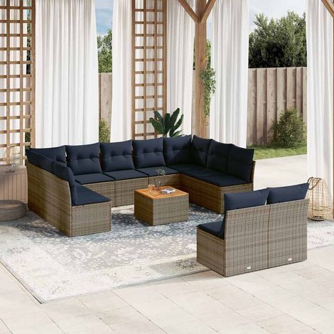12-tlg. Garten-Sofagarnitur mit Kissen Grau Poly Rattan (1/5)