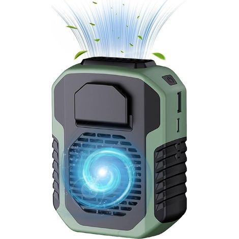 Ventilatore portatile ricaricabile (verde), batteria da 6000 mAh, 3 velocità, può essere indossato alla cintura o intorno al collo, flusso d'aria potente (1/4)