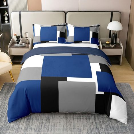 Rectangle Bleu 100% Coton Housse de Couette 240x260cm Enfants Parure de Lit Géométrique pour Garçons Filles Art Moderne Ensemble de Literie léger Doux 3 pièces - 240 x 260 cm + 2 taies d'oreiller 65 x (1/5)