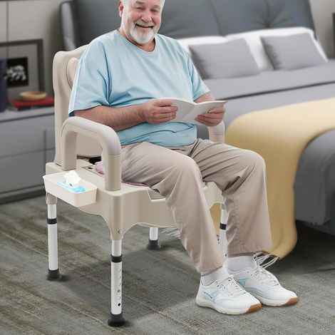 Fauteuil de chevet, chaise de toilette portable pour personnes âgées avec accoudoirs, réglable en hauteur, fauteuil de toilette pour adultes avec 2 toilettes de remplacement et 1 veilleuse
