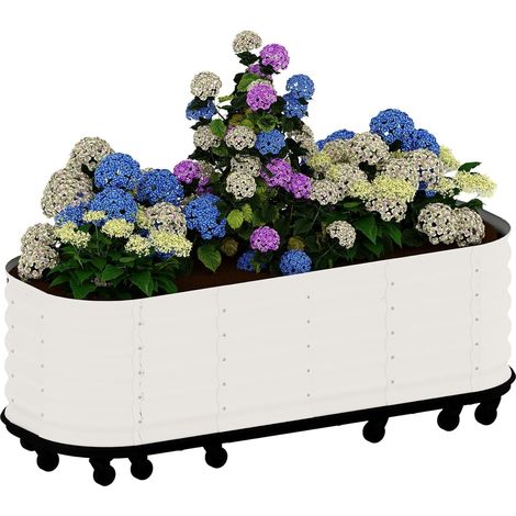 Bac Potager Surélevé sur roulettes 195x60x50 cm, Carré Potager Métal blanc avec réserve d'eau et freins, Jardinière auto-arrosante