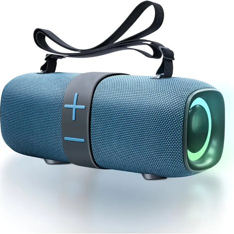 Enceinte Bluetooth bleue, idéale pour l'e-sport, les fêtes et le camping  elle est dotée d'un éclairage synchronisé avec la musique et d'un son stéréo TWS double. (1/3)
