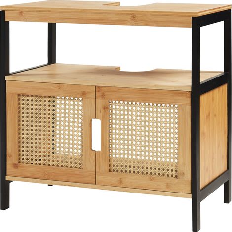 Mobiletto sottolavabo per bagno design in bambù 60 x 60 x 35 cm effetto rattan nero naturale 030010006