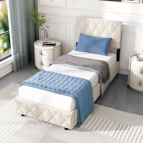 Cama 90x190 cm Tapizada Terciopelo Beige, Diseño Moderno Atemporal, Estructura Estable con Listones de Madera, Capacidad 250 kg - Confort Óptimo (1/5)