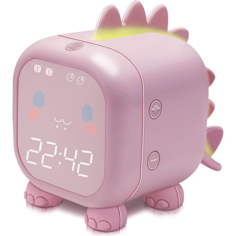 Réveil Enfant Dinosaure, Horloge Numérique pour Chambre Enfant, Réveil Pédagogique avec Veilleuse, Lumière de Réveil et USB, Cadeau Anniversaire Fille Garçon Rose (1/5)