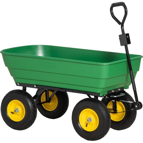 Hier ein Vorschlag für die Produktbezeichnung auf Französisch (max. 190 Zeichen): Outsunny 125L Gartenschubkarre mit 75° Neigung, 200 kg max. Traglast, 4 luftbereifte Stahl-PP-Räder, gelb/grüne Mulde,