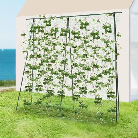 Klettergerüst für Gartenpflanzen, Rankhilfe A-Form mit Nylonnetz, 180×180cm, PE-beschichtetes Stahlrohr, Tomatenstütze Gemüsehalter für Gurken Bohnen Erbsen Zucchini Grün (1/5)