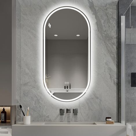 Miroir intelligent ovale sans cadre 60x120 cm fixation murale traitement antibuée écran tactile salle de bain - Argent (1/5)