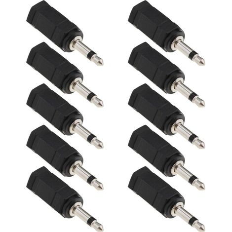 Confezione da 10 adattatori 2 in 1 da 3,5 mm mono a stereo femmina-maschio per cuffie per cellulari e cuffie per computer (neri) (1/4)